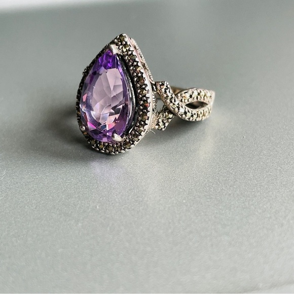Amethyst, Marcasite Teardrop Sterling Silv. PJ Designer Ring February Bi… - Picture 10 of 12